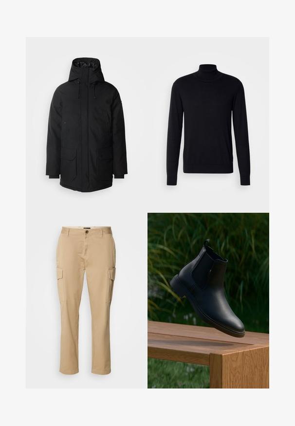 Schott Talvemantel - black; Must kardigan pehmest kangast. Omab pikki varrukaid, soonikkoelust ja -ääriseid, sile tekstuur ning pole mingeid mustreid.; Bežid cargo püksid, mis on valmistatud puuvillast. Omavad kahte külgtaskut, nappi sulgemist ja sirge säärega disaini. Siledat tekstuuri, igapäevane stiil.; Must must nahkasaapad, mis hõljuvad puidust pingil, rohelise muru ja taimede uduses taustas.