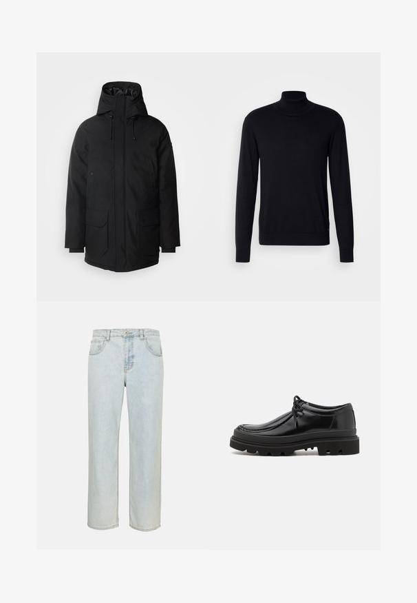 Schott Wintermantel - black; Schwarzer Rollkragenpullover aus weichem Stoff. Mit langen Ärmeln, geripptem Kragen und Bündchen, hat eine glatte Textur und keine Muster.; Hellblaue Jeans mit geradem Bein, Fronttaschen, Gürtelschlaufen und Knopfverschluss auf einfarbigem Hintergrund.; Schwarze Leder-Derby-Schuhe mit einem eleganten Design, runder Zehenpartie und rutschfester Gummisohle mit tiefen Rillen für besseren Halt.