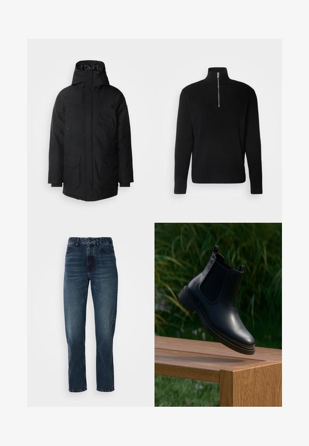 Schott Vinterfrakke - black; Lindbergh HALF ZIP RIB KNIT - Striktrøje - black; Mørkeblå lige bukser med frontknap og lynlås, fem-lomme design og subtil fading på lår og knæ.; Sort læder ankelstøvle med elastiske sidepaneler, der svæver over en træbænk, med grønne planter i baggrunden.