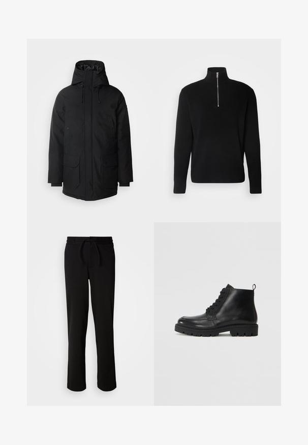 Schott Wintermantel - black; Lindbergh HALF ZIP RIB KNIT - Strickpullover - black; Schwarze Jogginghosen mit einem Kordelzugbund, hergestellt aus weichem, elastischem Material. Sie haben einen lockeren Schnitt mit geraden Beinen und keine sichtbaren Taschen.; Schwarze Leder Stiefeletten mit runder Zehe, Schnürverschluss und strukturiertem Gummisohle. Mit einer Ziehlasche an der Ferse für einfaches Anziehen.