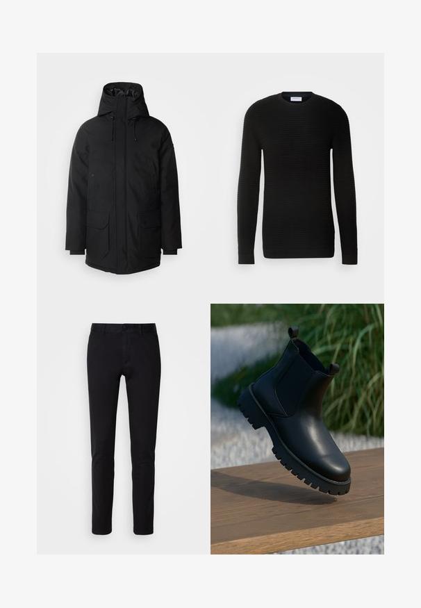 Schott Vinterfrakke - black; Sort langærmet sweater med ribbet tekstur, rund halsudskæring og tætsiddende manchetter. Fremstillet af et blødt, strækbart materiale.; Sorte bukser lavet af glat bomuldsstof, med en lige ben design, forlommer, en knaplukning og en ren finish.; Sorte læder ankelstøvler med elastiske sidepaneler, rund tå og kraftig sål, vist på en træoverflade.