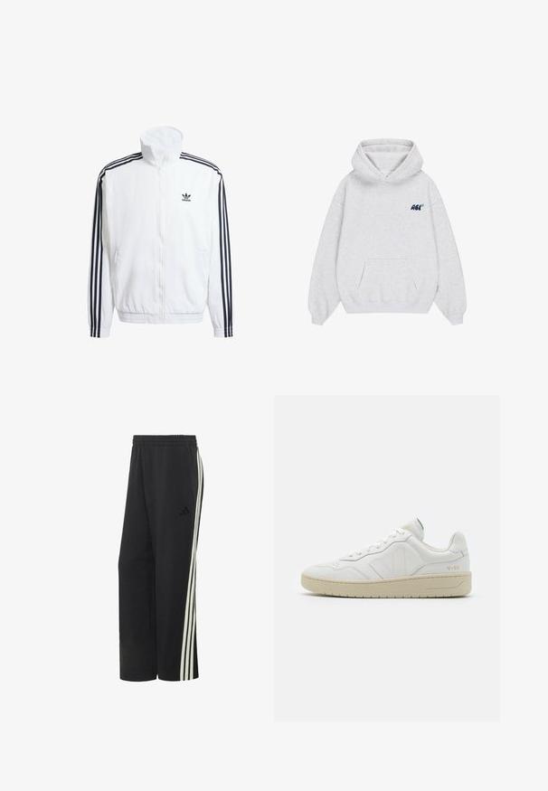 Hvid zip-up jakke med høj krave, pyntet med sorte tre-stribede accenter på ærmerne og et lille sort adidas-logo på brystet.; Lysegrå hættetrøje med frontlomme og lille mørkeblå "ACI"-logo på venstre bryst, vist på en hvid baggrund.; Sorte Adidas træningsbukser med elastisk talje og tre hvide striber, der løber ned langs ydersiden af hvert ben.; Hvide lædersneakers med struktureret overflade og polstret krave. Har en beige gummisål og diskret branding på hælen og siden.