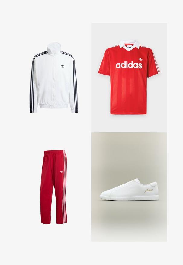 Hvid zip-up jakke med høj krave, pyntet med sorte tre-stribede accenter på ærmerne og et lille sort adidas-logo på brystet.; Rød Adidas sportstrøje med hvid krave, tre hvide striber på ærmerne og Adidas-logo centreret på brystet.; Røde Adidas træningsbukser med elastisk talje, hvide sidelister og Trefoil-logo på højre lår mod hvid baggrund.; Hvid slip-on sneaker med tekstureret sål og guld "Lacoste"-logo på siden, vist mod en neutral baggrund.
