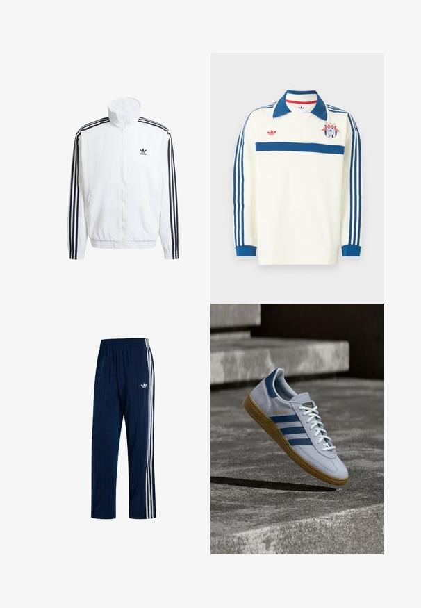 Hvid zip-up jakke med høj krave, pyntet med sorte tre-stribede accenter på ærmerne og et lille sort adidas-logo på brystet.; Hvid sportstrøje med lange ærmer, blå krave, blå striber på ærmerne, blå bryststribe, rødt logo og et skjoldemblem med stjerner på brystet.; Mørkeblå Adidas træningsbukser med hvide tre striber på siderne og elastisk taljebånd, med hvid trekløverlogo på venstre lår.; Lyseblå Adidas Spezial sneakers med marineblå striber og gummisål, vist i luften over betontrapper i et neutralt udendørsmiljø.