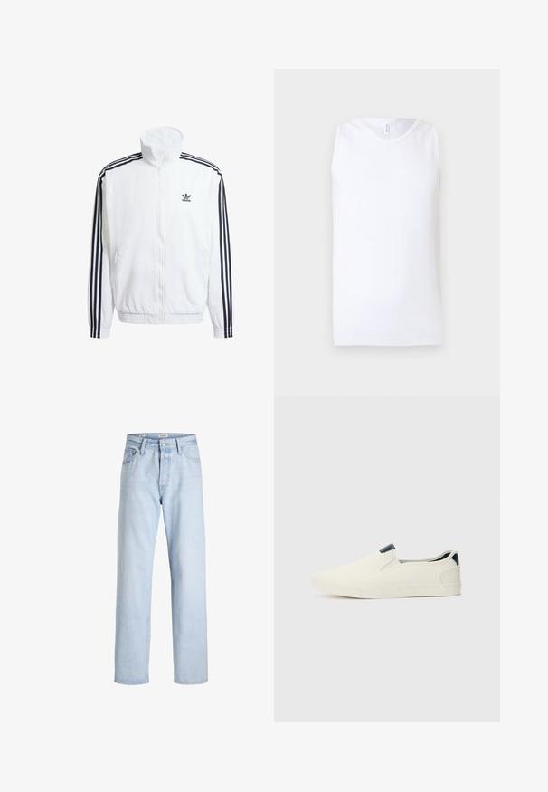 Valkoinen vetoketjullinen takki korkealla kauluksella, jossa on mustat kolmonauha-akcentit hihoissa ja pieni musta adidas-logo rinnassa.; Valkoinen, hihaton ribbikuvioitu toppi, jossa pyöreä pääntie, yksinkertaisella vaalealla taustalla.; Vaaleansiniset suoralahkeiset farkut, joissa viisi taskua, vyölenkit, nappisuljenta ja vetoketjuhalkaisu, valkoista taustaa vasten.; Pohjatuetut liukuvat kengät, jotka on valmistettu kevyestä valkoisesta kankaasta, jolla on teksturoitu pinta ja tummanvärinen kantapääkorostus. Kumipohja, joka tarjoaa pitävän otteen.