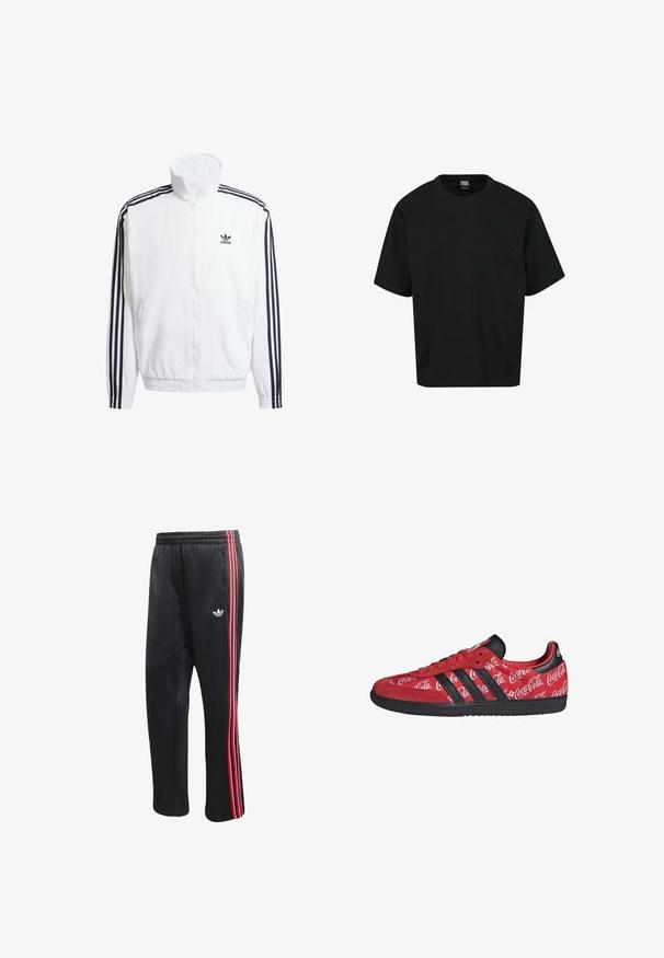 Hvid zip-up jakke med høj krave, pyntet med sorte tre-stribede accenter på ærmerne og et lille sort adidas-logo på brystet.; Sort kortærmet t-shirt lavet af bomuld, med rund halsudskæring og en afslappet pasform. Ingen mønstre eller bemærkelsesværdige accenter.; Sorte træningsbukser med lodret ribbet tekstur, der har røde og hvide sidelommer og en lille hvid logo på venstre ben.; Rød Adidas sneaker med sorte striber og sål, med hvide Coca-Cola logoer over hele den stof øverste del.