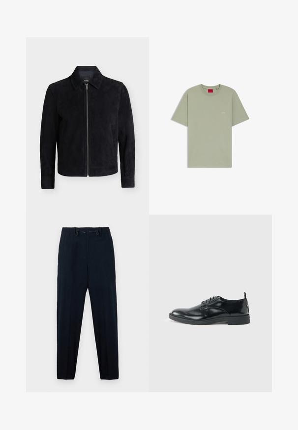 Veste en daim noire avec fermeture éclair devant, manches longues, poches latérales et col classique, présentée sur un fond blanc uni.; T-shirt vert clair à manches courtes avec col rond, petit logo blanc "HUGO" sur la poitrine et étiquette intérieure rouge au niveau du col.; Pantalon bleu marine avec une taille élastique et un cordon de serrage. Design à jambe droite, avec une texture lisse et sans motifs visibles.; Chaussure habillée en cuir noir brillant avec un petit talon, fermeture à lacets et bout rond, vue de côté sur un fond uni et clair.