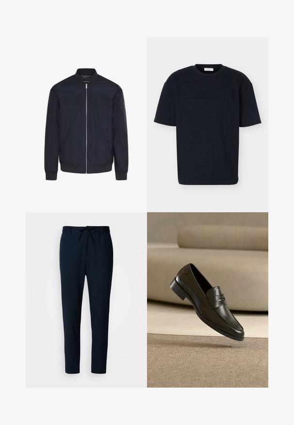 Chaqueta bomber azul marino hecha de tela lisa, con cremallera frontal, puños acanalados y dos bolsillos laterales con un detalle de marca sutil.; Camiseta negra de manga corta con cuello redondo, ajuste relajado y tela sutilmente texturizada, presentada sobre un fondo liso y claro.; Pantalones azul marino hechos de un tejido suave y ligero. Cuentan con cintura ajustable con cordón, piernas entalladas y una textura lisa.; Zapato mocasín de cuero negro flotando sobre una alfombra beige con un sofá beige en el fondo, mostrando el diseño clásico para hombres sin cordones.