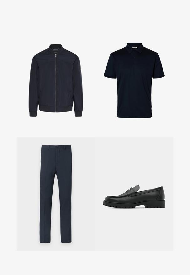 Chaqueta bomber azul marino hecha de tela lisa, con cremallera frontal, puños acanalados y dos bolsillos laterales con un detalle de marca sutil.; Polo negro de manga corta con cuello y dos botones en la parte delantera, diseño sencillo sin logotipos o patrones visibles.; Pantalones azul marino hechos de tela suave, con un corte slim, trabillas para cinturón, cierre frontal con botón y dos bolsillos laterales.; Mocasines de cuero negro con punta redonda, que cuentan con un diseño cosido, suela de plataforma baja y una suela de goma texturada y con tacos.