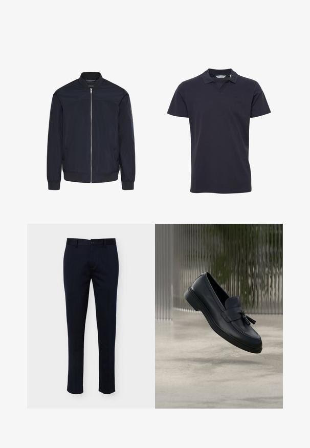 Marineblå bomberjakke lavet af glat stof, med en forlynlås, ribstrikkede manchetter og to sidelommer med diskret brandingdetalje.; Mørkeblå poloshirt lavet af bomuld, med klassisk krave, korte ærmer og et diskret logo på brystet. Glat tekstur.; Marineblå slim-fit bukser med subtile lodrette nålestriber, bæltestropper, knaplukning og sidelommer, vist på ensfarvet baggrund.; Sorte læderloafers med en glat tekstur, en rundet tå og dekorative kvaster foran. Fleksibel gummisål med lav hæl.