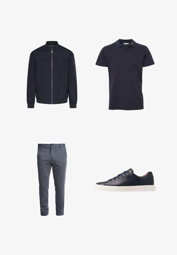 Chaqueta bomber azul marino hecha de tela lisa, con cremallera frontal, puños acanalados y dos bolsillos laterales con un detalle de marca sutil.; Polo de color azul marino hecho de algodón, con un cuello clásico, mangas cortas y un sutil logo en el pecho. Textura suave.; Pantalones ajustados para hombre en gris oscuro con cierre de botones y presillas para cinturón, mostrados sobre un fondo blanco.; Zapatillas de cuero azul marino con un acabado suave, suela plana de goma blanca, puntera redonda y seis cordones azul marino pasados por ojales redondos.