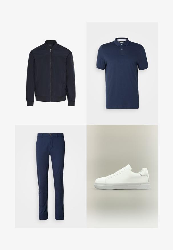 Veste bomber bleu marine en tissu lisse, dotée d'une fermeture éclair frontale, de poignets côtelés et de deux poches latérales avec un détail de branding subtil.; Polo bleu marine en coton doux, avec un col, une patte de boutonnage à deux boutons et des manches courtes. Détail à rayures à l'intérieur du col.; Pantalon bleu marine en tissu lisse, avec un design à jambes droites, une fermeture éclair et une poche avant unique avec une fermeture à bouton.; Baskets basses blanches à lacets, doté d'un col rembourré et d'une semelle en caoutchouc texturée, présentées de profil sur un fond neutre.