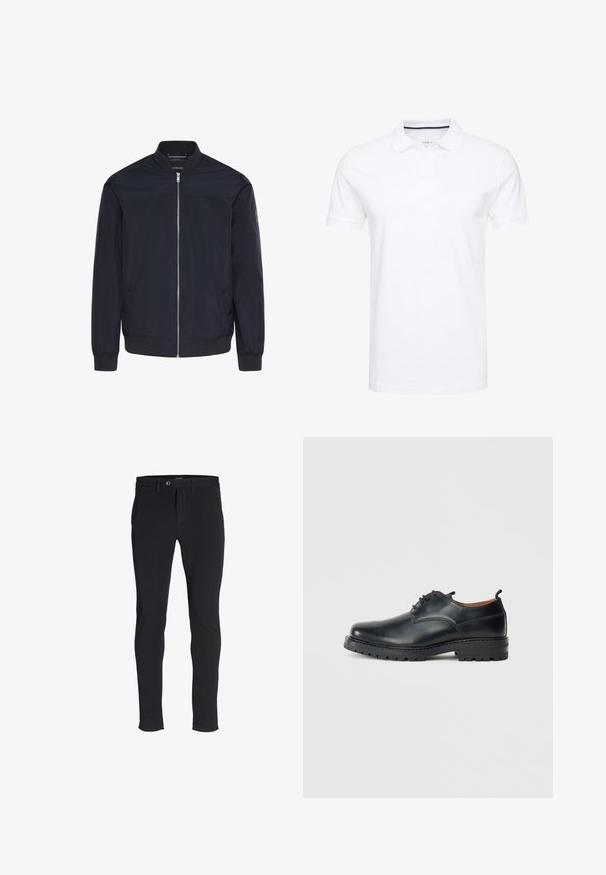 Veste bomber bleu marine en tissu lisse, dotée d'une fermeture éclair frontale, de poignets côtelés et de deux poches latérales avec un détail de branding subtil.; Polo shirt blanc en coton, avec un col traditionnel, des manches courtes et une patte de boutonnage à trois boutons, avec des accents navy discrets à l'intérieur.; Pantalons noirs ajustés avec une texture lisse, dotés d'une fermeture éclair, d'un bouton de fermeture et d'un ourlet retroussé.; Chaussures derby en cuir noir avec une texture lisse, bout rond, design à lacets et une semelle en caoutchouc épaisse et robuste.