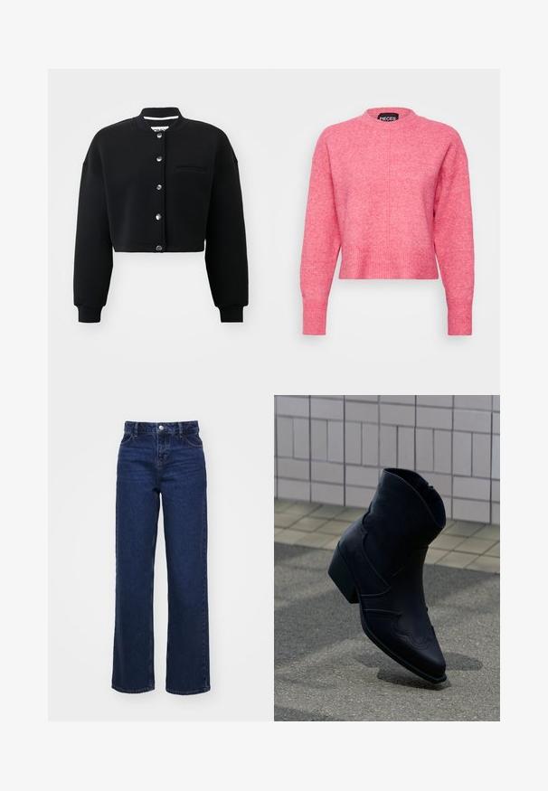 Sort cropped sweatshirt med rund hals, sølvfarvede trykknapper og en forlommek. Lavet af blødt stof med ribbede manchetter.; Rosa cropped sweater med rund hals, lange ærmer, ribbede manchetter og kant. Afslutningen har en let tekstureret finish. Mærket er synligt.; Mørkeblå, højtaljede bukser med vide ben, fem lommer, metalknaplukning og subtil fading. Fremstillet af denimstof.; Sort læderankelstøvle med lav hæl, dekorative syninger og spids tå, placeret opret på en brolagt overflade ved siden af en flisebelagt væg.