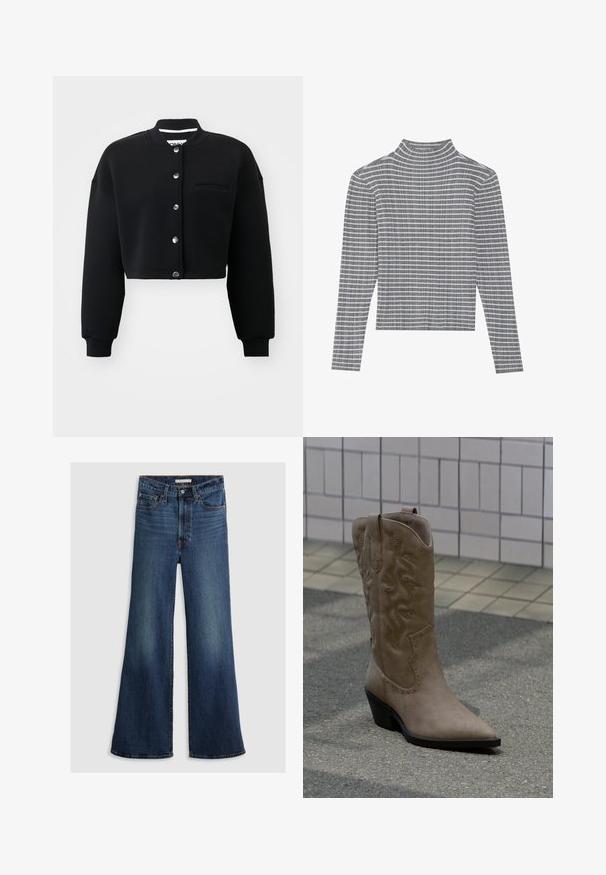 Sort cropped sweatshirt med rund hals, sølvfarvede trykknapper og en forlommek. Lavet af blødt stof med ribbede manchetter.; Langærmet top med høj hals i grå med hvide striber, der har en ribbet tekstur og en cropped design. Flad front uden synlige lukninger.; Bredde ben jeans i mørkeblå denim med høj talje, fem-lomme design og kontrasterende syninger langs sømmene og taljebåndet.; Høj, beige cowboystøvle i ruskind med dekorative syninger og nitteaccenter, med spids snude og skråsort hæl på fortovet.
