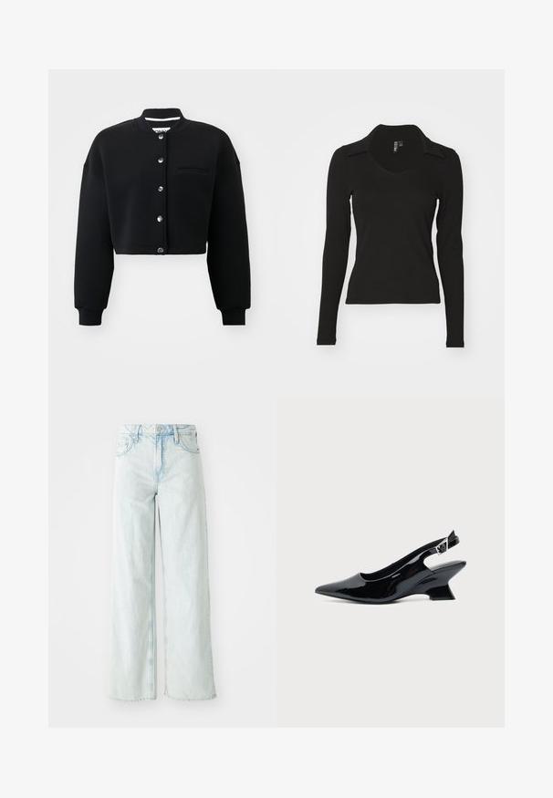 Sort cropped sweatshirt med rund hals, sølvfarvede trykknapper og en forlommek. Lavet af blødt stof med ribbede manchetter.; Sort langærmet top med v-hals og krave, lavet af ribbet stof. Tætsiddende design, ingen mønstre eller detaljer synlige.; Lysblå, højttalende brede benjeans i denimstof. Har fem lommer og knaplukning. Slidte områder på lårene.; Sort laklæder slingback sko med spids tå og lav vinklet blokhæl på ensartet lys baggrund.