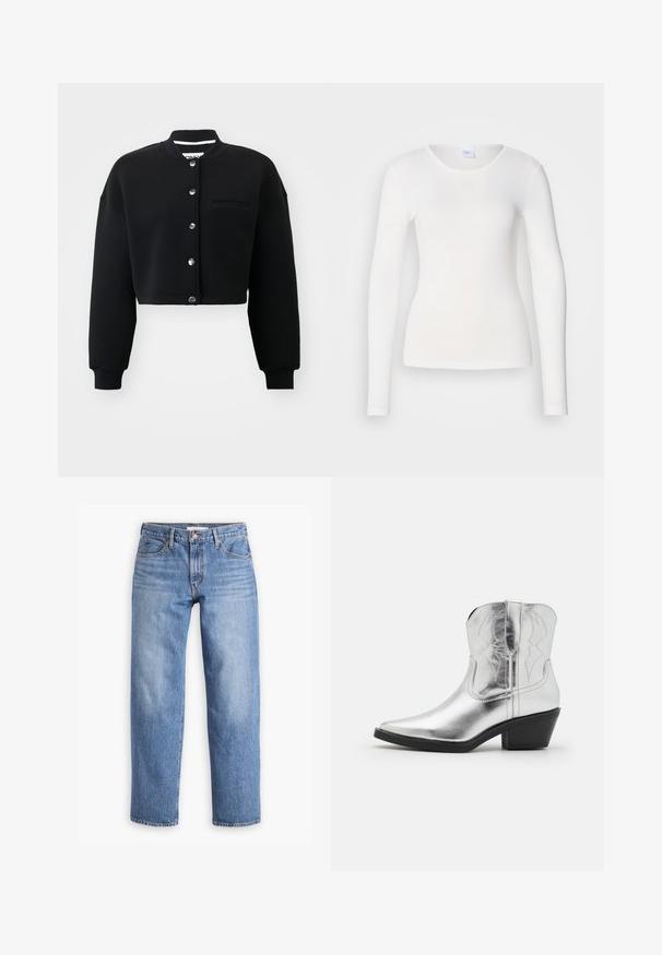 Sort cropped sweatshirt med rund hals, sølvfarvede trykknapper og en forlommek. Lavet af blødt stof med ribbede manchetter.; Hvid langærmet skjorte lavet af et blødt, glat stof; har en rund halsudskæring og en tætsiddende facon uden mønstre eller pynt.; Lyseblå denimjeans med lige pasform, fem lommer og lynlåsgylf. Stoffet har en klassisk tekstureret overflade med let falming.; Sølvfarvede læder cowboy-støvler med spidse tæer, syede detaljer på skaftet og en moderat sort hæl. Glat og skinnende overflade.