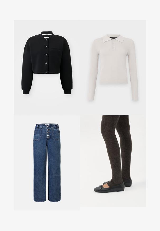 Sort cropped sweatshirt med rund hals, sølvfarvede trykknapper og en forlommek. Lavet af blødt stof med ribbede manchetter.; Lys grå langærmet polo med ribbet tekstur, to-knaps placket og klassisk krave. Blødt stof med en tætsiddende pasform.; Bredde ben denim jeans i mørkeblå. Har knaplukning, fem lommer og frynset kant. Glat tekstur med synlige sømadmarker.; Ben iført mørke ribbede leggings kombineret med sorte balletsko med små sløjfedetaljer på hvid baggrund.