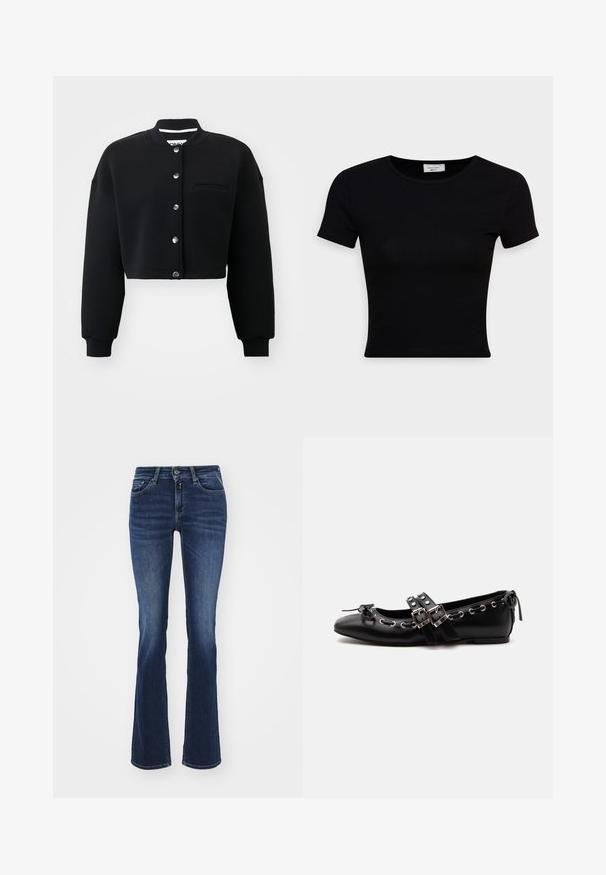Schwarzes, verkürztes Sweatshirt mit Rundhalsausschnitt, silbernen Druckknöpfen und einer Fronttasche. Hergestellt aus weichem Stoff mit Rippbündchen.; Schwarz, kurzärmliges T-Shirt aus glattem Baumwollstoff, mit rundem Ausschnitt und figurbetontem Schnitt. Minimalistisch ohne sichtbare Muster.; Ausgestellt geschnittene dunkelblaue Jeans aus Denim, mit einem klassischen Fünf-Taschen-Design, Reißverschluss und Knopfverschluss vorne. Glatte Textur und mittelhohe Passform.; Schwarzer flacher Ballettschuh mit doppelten Schnallenriemen, silbernen Ösen und einer kleinen Schleife nahe der abgerundeten Spitze auf weißem Hintergrund.