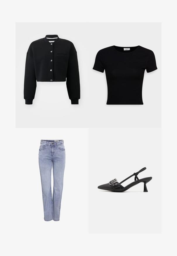 Schwarzes, verkürztes Sweatshirt mit Rundhalsausschnitt, silbernen Druckknöpfen und einer Fronttasche. Hergestellt aus weichem Stoff mit Rippbündchen.; Schwarz, kurzärmliges T-Shirt aus glattem Baumwollstoff, mit rundem Ausschnitt und figurbetontem Schnitt. Minimalistisch ohne sichtbare Muster.; Helle blaue Gerade geschnittene Jeans aus Denim, mit Knopfverschluss, fünf Taschen und dezentem Verblassen an Vorder- und Rückseite.; Simmi London DALA - Pumps - black