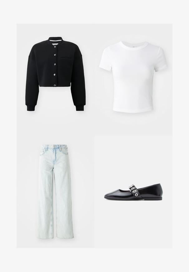 Sweat-shirt noir court avec un col rond, des boutons-pression en métal argenté et une poche avant. Fabriqué en tissu doux avec des poignets côtelés.; T-shirt courte à manches courtes, blanche, avec un col rond, présentée sur un fond neutre et lumineux.; Jean en denim de couleur bleu clair, taille haute et jambes larges. Comprend cinq poches et une fermeture à bouton. Texture usée sur les cuisses.; Chaussure plate en cuir verni noir avec bout carré, détail de boucle sur le côté et petit talon arrondi. Texture lisse et design minimaliste.