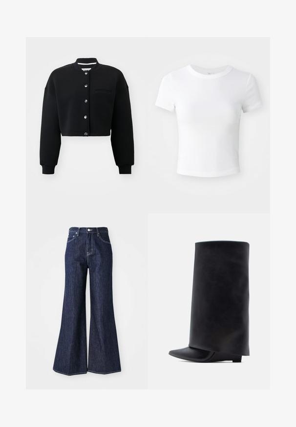 Schwarzes, verkürztes Sweatshirt mit Rundhalsausschnitt, silbernen Druckknöpfen und einer Fronttasche. Hergestellt aus weichem Stoff mit Rippbündchen.; Weißes, kurzärmeliges, cropped T-Shirt mit Rundhalsausschnitt, auf einem neutralen, hellen Hintergrund präsentiert.; Dunkelblaue ausgestellte Jeans mit hoher Taille, die eine Knopf- und Reißverschlussöffnung haben. Weiße Nähte und weite Beine schaffen eine strukturierte Silhouette.; Schwarze Stiefeletten aus Leder mit hohem zylindrischem Schaft, spitzer Zehenpartie und niedrigem flachem Absatz, mit glatter Textur und minimalistischem Design.