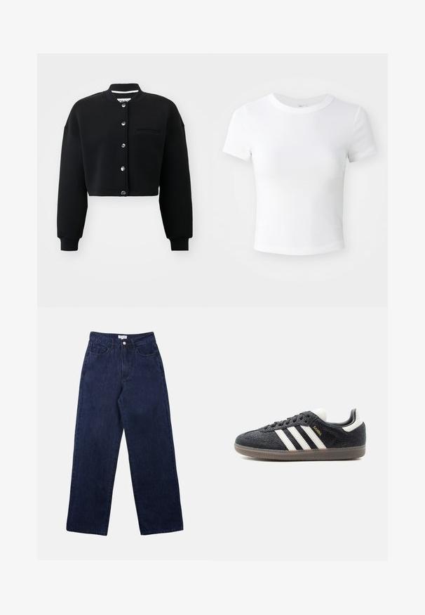 Sort cropped sweatshirt med rund hals, sølvfarvede trykknapper og en forlommek. Lavet af blødt stof med ribbede manchetter.; Simpel hvid kortærmet cropped t-shirt med rund halsudskæring, præsenteret på en neutral lys baggrund.; Mørkeblå denimbukser med lige ben, der har en frontknaplukning, bæltestropper og to forlommer.; Sort Adidas Samba sneaker med hvide striber, gumisål og guldfarvet "Samba" tekst på siden, vist fra venstre profil på ensfarvet baggrund.