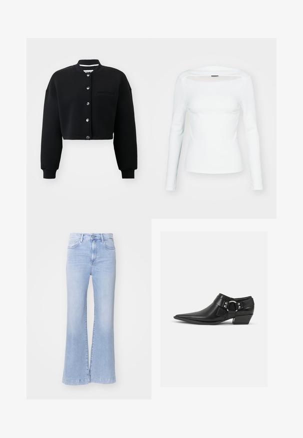 Schwarzes, verkürztes Sweatshirt mit Rundhalsausschnitt, silbernen Druckknöpfen und einer Fronttasche. Hergestellt aus weichem Stoff mit Rippbündchen.; Weißes Langarmoberteil mit quadratischem Ausschnitt und offenen Cut-out-Details an der Vorderseite, aus geripptem Material gefertigt. Enganliegendes Design, glatte Textur.; Helle blaue, ausgestellte Jeans mit hoher Taille, Denim-Textur, vorderen Taschen und Knopfverschluss. Sauberer Abschluss am Saum.; Schwarze Leder-Ankle-Boots mit spitzem Zeh, ausgestattet mit einem vorderen Leder-Riemen und einem silbernen Schnallendetail sowie einem niedrigen Blockabsatz.