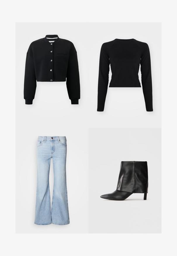 Sort cropped sweatshirt med rund hals, sølvfarvede trykknapper og en forlommek. Lavet af blødt stof med ribbede manchetter.; Sort langærmet crop top med rund hals og raglanærmer. Glat tekstur, minimalistisk design og ingen synlige mønstre eller hardware.; Lyseblå vidde jeans med højtaljet design, lavet af denimstof, fem lommer og knaplukning. Benene er vide og har en let falmet finish.; Sort læderstøvle til midten af læggen med spids tå, foldet øvre skaft og slank lav hæl, der står på hvid baggrund.