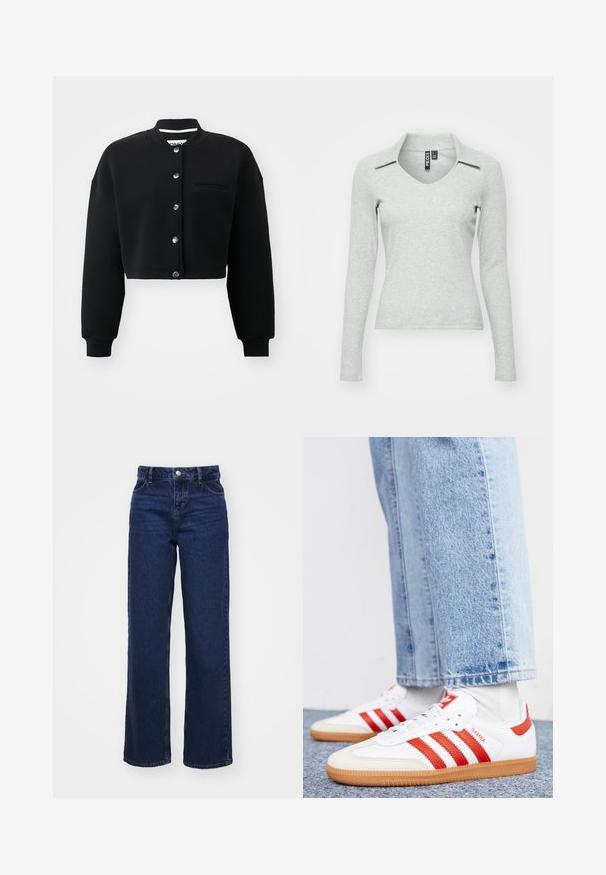 Sort cropped sweatshirt med rund hals, sølvfarvede trykknapper og en forlommek. Lavet af blødt stof med ribbede manchetter.; Lys grå langærmet V-hals bluse med krave, lavet af blødt, struktureret stof, der har en tætsiddende pasform og minimal detaljer.; Mørkeblå, højtaljede bukser med vide ben, fem lommer, metalknaplukning og subtil fading. Fremstillet af denimstof.; Hvide lædersneakers med røde striber og accenter. Har en tekstureret gummisål og polstret krave. Bæres med lyseblå denim.
