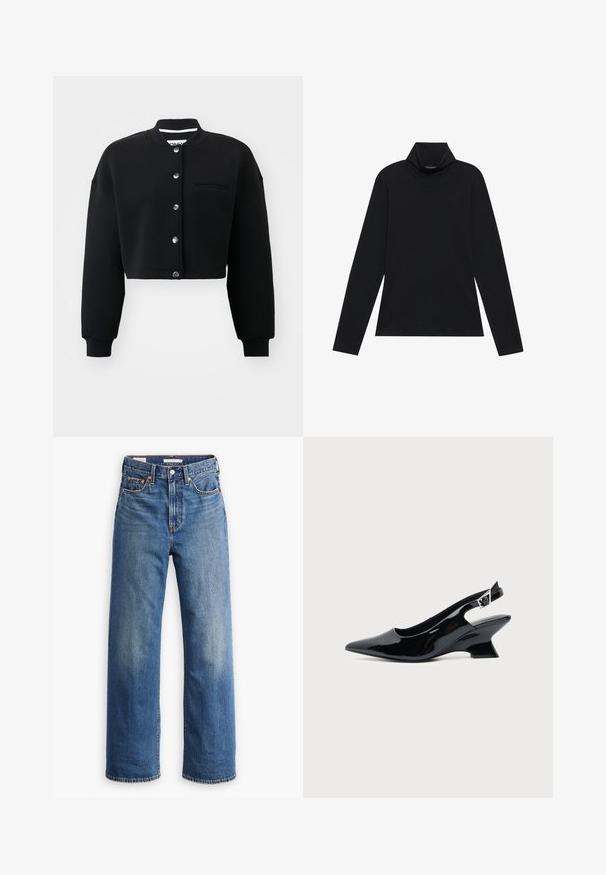 Sort cropped sweatshirt med rund hals, sølvfarvede trykknapper og en forlommek. Lavet af blødt stof med ribbede manchetter.; Sort turtleneck med lange ærmer. Blødt stof, tætsiddende design, høj krave og sidesøm. Simpel og alsidig stil, der er velegnet til lag-på-lag.; Lyseblå denimjeans med høj talje, bred benstil, klassisk fem-lomme design og subtil falmning på stoffet.; Sort laklæder slingback sko med spids tå og lav vinklet blokhæl på ensartet lys baggrund.
