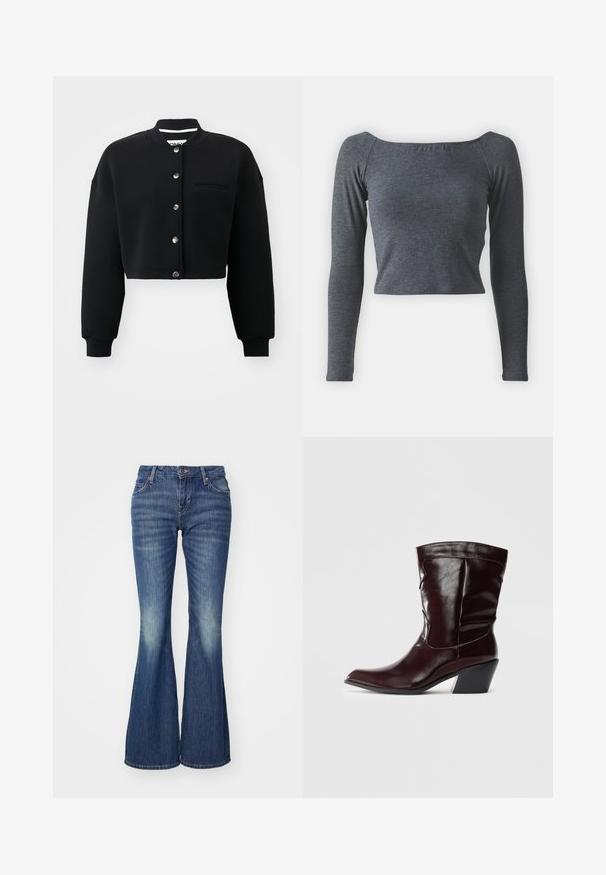 Sort cropped sweatshirt med rund hals, sølvfarvede trykknapper og en forlommek. Lavet af blødt stof med ribbede manchetter.; Grå, langærmet, cropped top lavet af blødt stof med firkantet halsudskæring og tætsiddende design. Ingen synlige mønstre eller udsmykninger.; Udsatte blå jeans lavet af denim med en lys vaskeeffekt, der har klassiske lommer og en enkelt knaplukning.; Bordeaux læder ankelstøvler med spids tå, tekstureret overflade og en lav, taperet hæl. Har diskrete søm og en tætsiddende pasform.