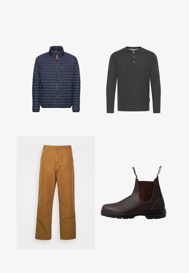 Marineblauw gewatteerde pufferjack met opstaande kraag, voorzakken met rits en een ritssluiting. Gelaagd oppervlak met horizontale stiksel-details.; Donkergrijze lange mouwen shirt van zachte stof, met een henley-halslijn en drie houten knopen, plus een zijlabel.; Bruine katoenen utility broeken met een rechte pijpdesign, voorzien van voorzakken en metalen hardware accenten voor extra duurzaamheid.; Bruine leren Chelsea-laars met elastisch zijpaneel, bruine stiksels, trekriempjes en een duurzame rubberen zool met een gestructureerd patroon.