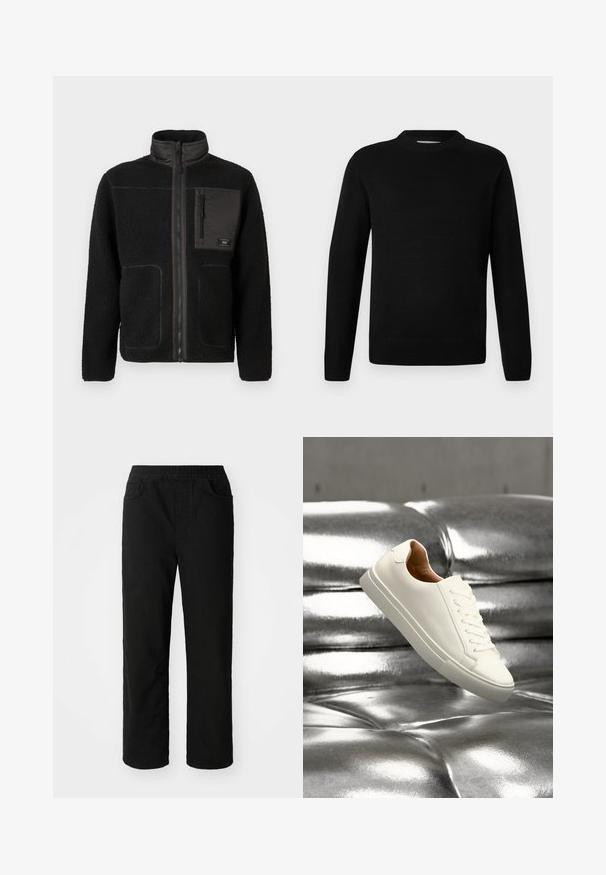 Zwarte fleec jas met een volle rits aan de voorkant, hoge kraag, twee lagere zakken en een ritszak op de borst met een klein label.; Zwarte lange mouwen crewneck gebreide trui met geribde manchetten en zoom, weergegeven op een effen lichte achtergrond.; Zwarte katoenen broeken met een relaxte pasvorm, een elastische tailleband, twee steekzakken en rechte pijpen. Soepele textuur zonder zichtbare patronen.; Witte lage sneaker die boven een glanzend zilveren doorgestikte leren oppervlak zweeft.