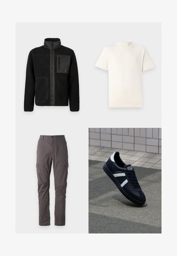 Čierna fleecová bunda s plným predným zipsom, vysokým golierom, dvoma dolnými vreckami a zipsovým vreckom na hrudi s malou nálepkou.; TOM TAILOR BASIC CREW NECK - Základné tričko - smooth light sand; Sivé cargo nohavice so štíhlym strihom, ktoré majú množstvo bočných vreciek a zosilnené švy pozdĺž nohavíc. Vyrobené z odolného materiálu.; Čierne kožené tenisky s bielymi pruhmi, textúrovanou gumovou podrážkou a šnurovaním vpredu. Obsahujú označenie značky na jazyku.