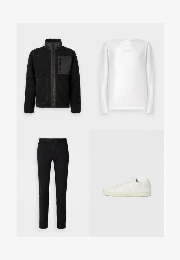 Zwarte fleec jas met een volle rits aan de voorkant, hoge kraag, twee lagere zakken en een ritszak op de borst met een klein label.; TOM TAILOR DENIM Longsleeve - white; Zwarte broek van glad katoen, met een recht model, voorzakken, een knoopsluiting en een nette afwerking.; Laag uitgesneden witte leren sneaker met vetersluiting en platte rubberen zool, gezien van de binnenkant op een effen achtergrond.