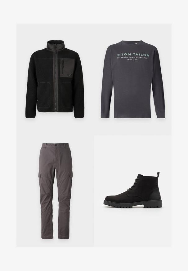 Sort fleecejakke med fuld frontlynlås, høj krave, to nederste lommer og en lynlåslomme på brystet med et lille mærke.; TOM TAILOR PRINTED - Langærmet T-shirt - tarmac grey; Grå cargo bukser med lige snit, der har flere sidelommer og forstærket syning langs benene. Lavet af slidstærkt stof.; Sorte ruskind ankelstøvler med rund tå, snørelukning, gummisål med mønster og en løkke på hælen for nem påføring.
