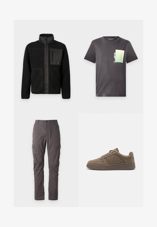 Chaqueta de forro polar negra con cierre frontal completo, cuello alto, dos bolsillos inferiores y un bolsillo en el pecho con cremallera que tiene una pequeña etiqueta.; Camiseta de algodón gris con cuello redondo, que presenta un diseño gráfico minimalista en verde y azul en la parte izquierda del pecho. Mangas cortas.; Pantalones cargo grises con corte recto, que cuentan con múltiples bolsillos laterales y costuras reforzadas a lo largo de las piernas. Fabricados con tejido duradero.; Call it Spring FRESHH - Zapatillas - other grey