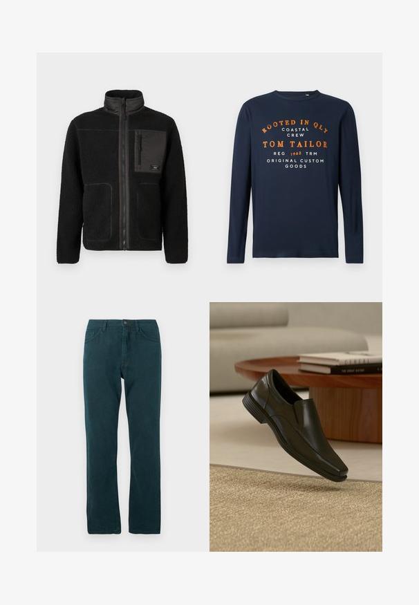 Zwarte fleec jas met een volle rits aan de voorkant, hoge kraag, twee lagere zakken en een ritszak op de borst met een klein label.; Navyblauwe longsleeve t-shirt met ronde hals en oranje en witte tekst: "ROOTED IN QLY COASTAL CREW TOM TAILOR 1962 ORIGINAL CUSTOM GOODS."; Donkerblauwe rechte jeans met een voorste knop- en ritssluiting, voor- en achterzakken, plat weergegeven op een witte achtergrond.; Zwarte leren instapschoen voor nette gelegenheden zwevend boven een beige geweven vloerkleed, met een ronde houten salontafel en gestapelde boeken op de achtergrond.