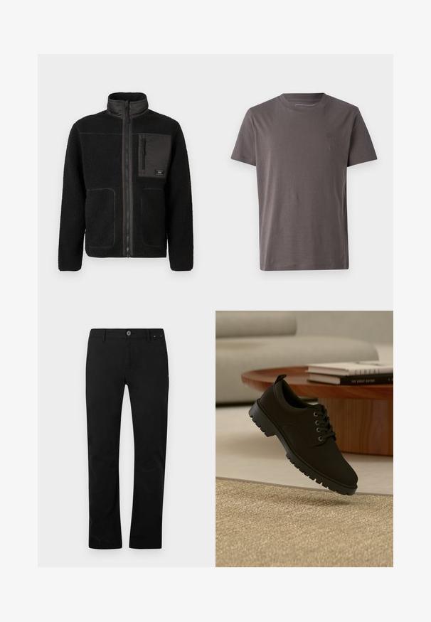Chaqueta de forro polar negra con cierre frontal completo, cuello alto, dos bolsillos inferiores y un bolsillo en el pecho con cremallera que tiene una pequeña etiqueta.; Camiseta de manga corta con cuello redondo en gris oscuro, hecha de algodón suave, con un logo sutil en el pecho y un corte regular.; Pantalones negros de pierna recta con cierre de botón y cremallera, lazos para cinturón y bolsillos laterales, exhibidos sobre un fondo blanco.; Zapato negro de cuero con cordones y suela gruesa flotando sobre una alfombra beige en un salón minimalista.