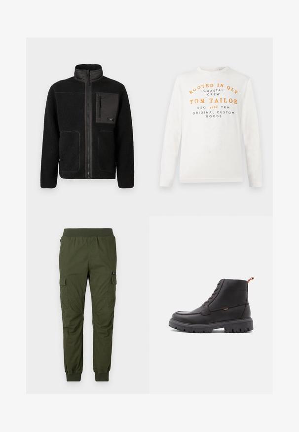 Chaqueta de forro polar negra con cierre frontal completo, cuello alto, dos bolsillos inferiores y un bolsillo en el pecho con cremallera que tiene una pequeña etiqueta.; Camisa blanca de manga larga con texto en naranja y negro que dice "Rooted in QLY Coastal Crew Tom Tailor Reg 1962 TRM Original Custom Goods" en la parte frontal.; Pantalones cargo verde oliva con una cinturilla elástica, bolsillos laterales y puños en los tobillos; hechos de una tela duradera con una textura suave.; Botas de cuero marrón hasta el tobillo con puntera redonda, costuras tonales, suela de goma negra resistente y tirador naranja en el talón.
