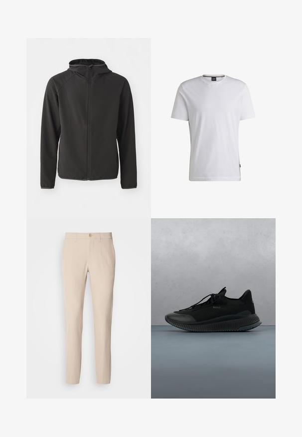 Čierna kapucňová bunda vyrobená z hladkého materiálu, s predným zipsom, raglánovými rukávmi a jemným logom na hrudi.; Biely krátky rukáv T-shirt z bavlny. Má okrúhly výstrih a jemný štítok značky na boku. Hladká textúra a jednoduchý dizajn.; Béžové nohavice z jemného materiálu, s gombíkovým zapínaním, rovný strih a bočnými vreckami. Hladká textura s minimálnymi švami.; Čierne športové tenisky s vrchom z sieťoviny, gumovou podrážkou a dizajnom na šnurovanie. Disponujú štruktúrovaným povrchom a diskrétnym brandingom na strane.