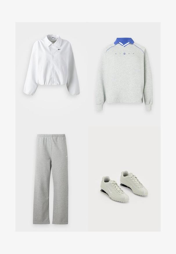 Hvid cropped jakke med krave, elastisk talje og lange puffærmer. Har et sort Nike-logo på venstre bryst. Glat stoftekstur.; Lysegrå langærmet sweatshirt med blå polo-krave, blå piping på skuldrene og "NIKE"-tekst med et rundt logo på brystet.; Lysegrå joggingbukser med elastisk talje og lille hvidt Nike-logo på øverste lår, vist fladt mod en hvid baggrund.; Hvide Nike sneakers med en tekstureret overdel, der har en glat tæer og sorte polstringselementer. Snørebåndsstil med forstærket hæl.