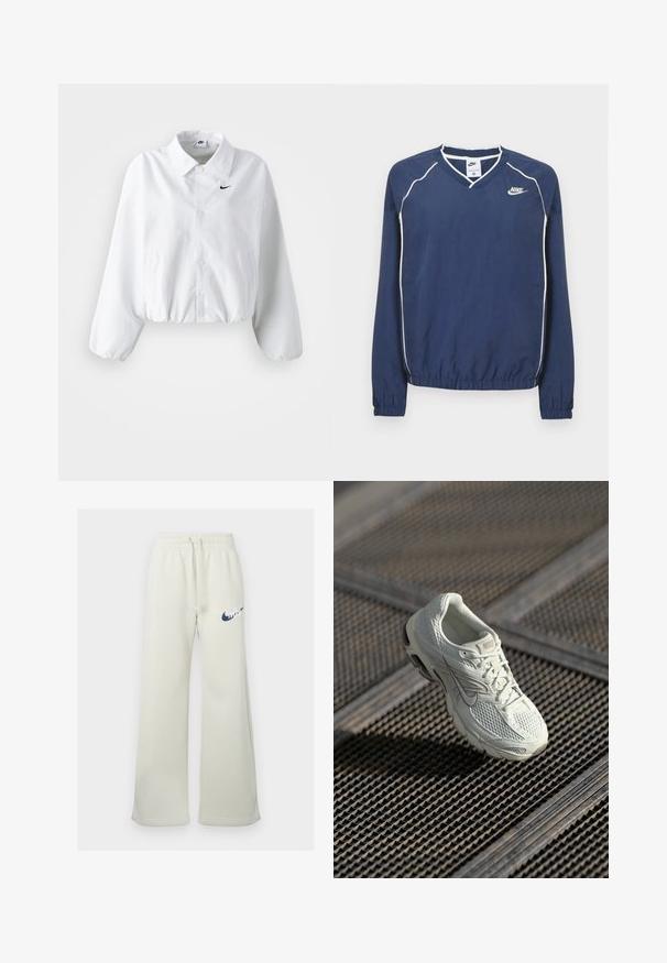 Chaqueta corta blanca con cuello, cinturilla elástica y mangas largas abullonadas. Presenta un logo negro de Nike en el lado izquierdo del pecho. Tejido de textura suave.; Sudadera de manga larga de Nike en azul marino, con cuello en V, ribetes blancos a lo largo de las costuras y puños y dobladillo elásticos. Presenta un logo en el lado izquierdo del pecho.; Pantalones de chándal color crema hechos de una mezcla de algodón, con un ajuste relajado, cinturilla elástica con cordón y un logo de Nike en navy en la parte delantera.; Zapatilla de running blanca de Nike con parte superior de malla y sintético, descansando sobre un suelo de rejilla metálica con luz natural suave.