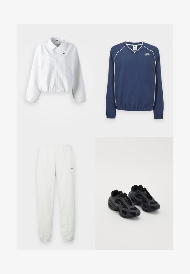 Biele skrátené sako s golierom, elastickým pásom a dlhými pufovanými rukávmi. Na ľavej hrudi sa nachádza čierne logo Nike. Hladká textúra látky.; Tmavomodrý pulóver Nike s dlhým rukávom a výstrihom do V, bielym lemovaním pozdĺž švov a elastickými manžetami a spodným okrajom. Na ľavej strane hrude je umiestnené logo.; Svetlosivé tepláky Nike s elastickým pásom, zúženými lemami a malým čiernym logom na ľavom stehne. Mäkká, textúrovaná tkanina.; Čierne tenisky Nike s panelmi z sieťoviny a semišu, unikátnymi výrezmi a vypolstrovanými goliermi. Lesklé akcenty na stranách zdôrazňujú moderný dizajn.