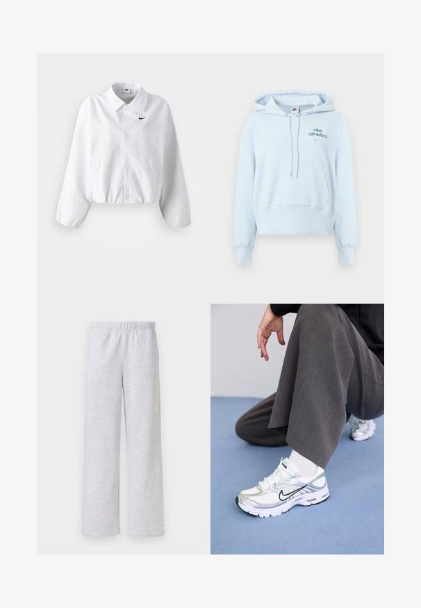 Veste blanche raccourcie avec un col, une taille élastique et de longues manches bouffantes. Présente un logo Nike noir sur la poitrine gauche. Texture de tissu lisse.; Sweat à capuche bleu clair en tissu doux, avec une poche avant, une capuche avec cordon de serrage, des poignets côtelés et des logos Nike brodés.; Pantalon de survêtement gris clair à coupe décontractée, doté d'une taille élastique et d'un graphisme latéral subtil sur fond blanc.; Baskets de sport blanches et argentées avec des matériaux en maille et synthétiques, dotées de lignes d'accent noir, de lacets et de semelles texturées.