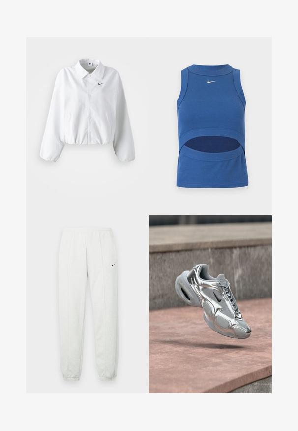 Witte cropped jas met een kraag, elastische tailleband en lange pofmouwen. Bevat een zwart Nike-logo op de linkerkant van de borst. Gladde stof textuur.; Blauw mouwloos Nike crop top met hoge hals en een uitsnede bij de buik, geribde stof en wit Swoosh-logo middenvoor.; Lichtgrijze Nike joggingbroek met een elastische tailleband, taps toelopende boorden en een klein zwart logo op de linker dij. Zachte, gestructureerde stof.; Zilveren en grijze Nike Air-sneaker met zwarte swoosh die boven een rozeachtige betonnen ondergrond en stenen richel zweeft.