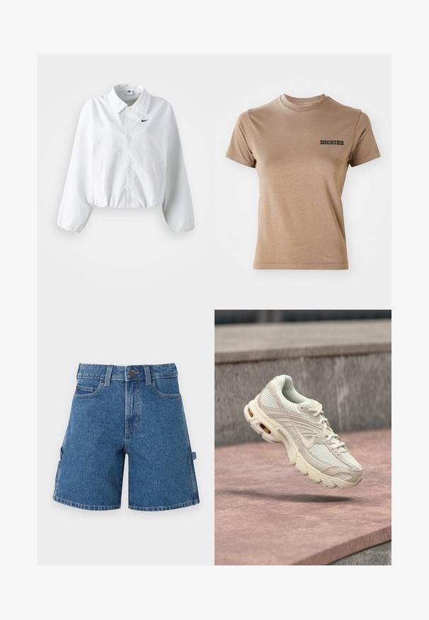 Hvid cropped jakke med krave, elastisk talje og lange puffærmer. Har et sort Nike-logo på venstre bryst. Glat stoftekstur.; Brun bomulds t-shirt med korte ærmer og rund hals. Har et sort "DICKIES" logo på venstre brystområde. Glat tekstur.; Blå denimshorts med forreste knap og lynlås, bæltestropper, forreste og sidelommer samt en lille løkke på højre side.; Lysebeige atletiksko med mesh-overdel, rundet tå og struktureret mellemsål. Har polstret krave og snørebånd med et diskret logo.