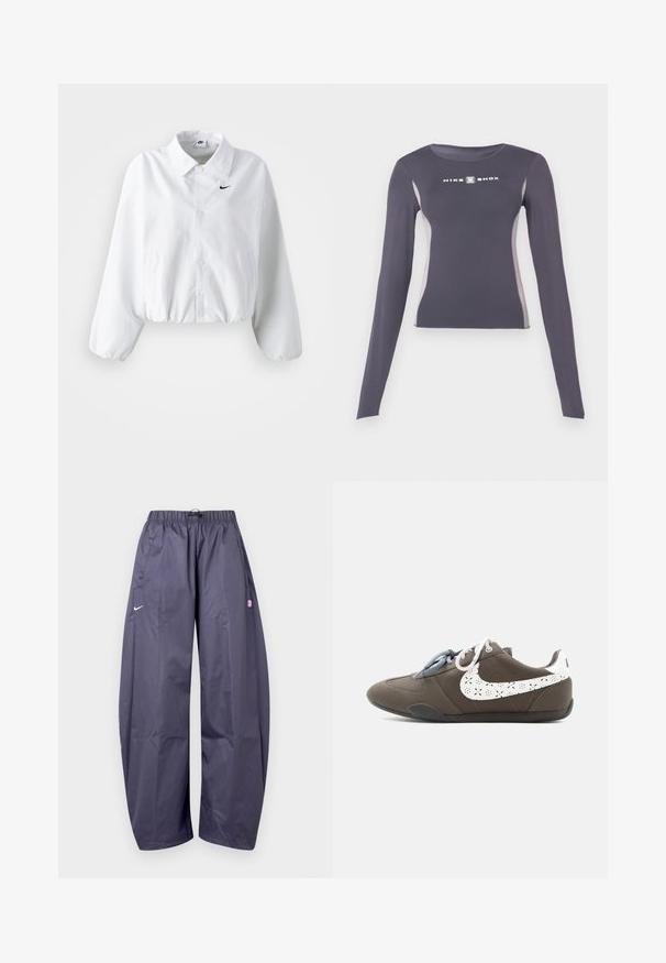 Hvid cropped jakke med krave, elastisk talje og lange puffærmer. Har et sort Nike-logo på venstre bryst. Glat stoftekstur.; Mørkegrå langærmet tætsiddende atletiktrøje med lysegrå sidepaneler og hvidt "Nike Shox" logo på brystet.; Løse mørkegrå Nike træningsbukser med elastisk taljebånd, sidelommer og et lille pink logo på højre lår.; Grå lavtop sneaker med tofarvede snørebånd og en hvid perforeret swoosh-logo på siden, sat mod en ensfarvet lys baggrund.