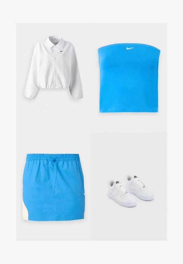 Biele skrátené sako s golierom, elastickým pásom a dlhými pufovanými rukávmi. Na ľavej hrudi sa nachádza čierne logo Nike. Hladká textúra látky.; Svetlomodrý bezramienkový tube top značky Nike s bielym logom Swoosh umiestneným v strede blízko horného okraja.; Modrá športová sukňa s elastickým pásom a sťahovacou šnúrkou, s bielymi bočnými panelmi a malým bielym logom Nike na pravej strane.; Biele tenisky Nike Air Force 1 s hladkým koženým zvrškom, perforovanou špičkou, bielymi šnúrkami a čiernym logom na jazyku.